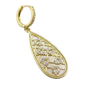 copper Hoop Earrings with teardrop pave zircon, gold plated, approx 15-35mm, 14mm dia