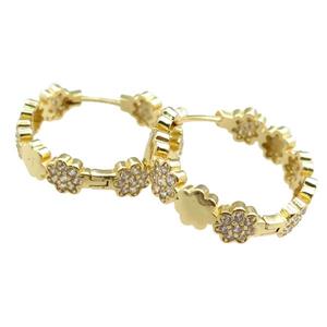 copper Hoop Earrings paved zircon, gold plated, approx 26mm dia