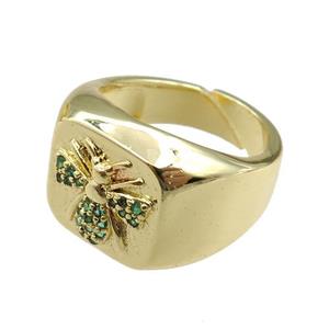 copper Rings paved zircon with honeybee, adjustable, gold plated, approx 14mm, 20mm dia