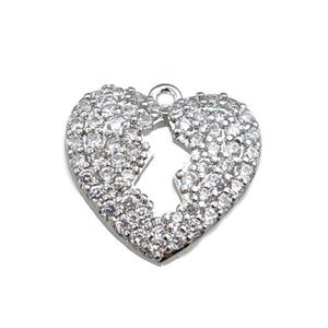 copper heart pendant paved zircon, platinum plated, approx 16mm