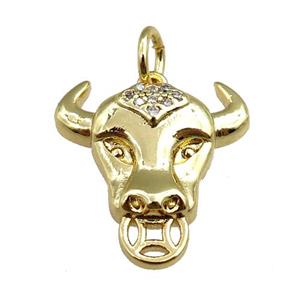 copper bullhead pendant pave zircon, gold plated, approx 18-20mm