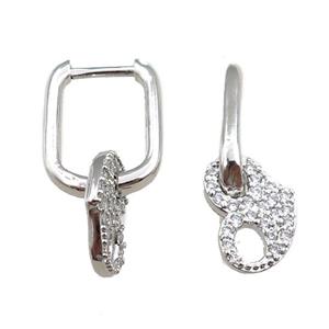 copper Latchback Earrings pave zircon, platinum plated, approx 9-12mm, 12x16mm
