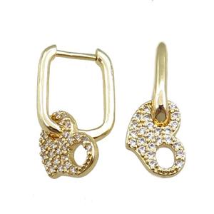 copper Latchback Earrings pave zircon, gold plated, approx 9-12mm, 12x16mm