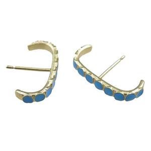 copper Stud Earrings with blue enameled, gold plated, approx 20mm
