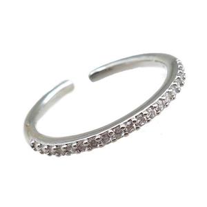 copper Rings pave zircon, adjustable, platinum plated, approx 20mm dia
