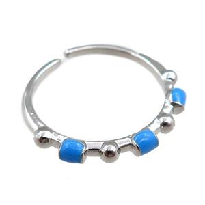 copper Rings with blue enameled, adjustable, platinum plated, approx 20mm dia