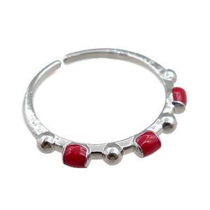 copper Rings with red enameled, adjustable, platinum plated, approx 20mm dia