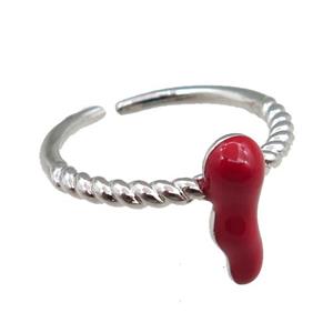 copper Rings with red enameled, adjustable, platinum plated, approx 5-13mm, 20mm dia