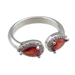 copper Rings pave red zircon, adjustable, platinum plated, approx 6-9mm, 20mm dia