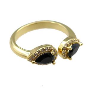 copper Rings pave black zircon, adjustable, gold plated, approx 6-9mm, 20mm dia