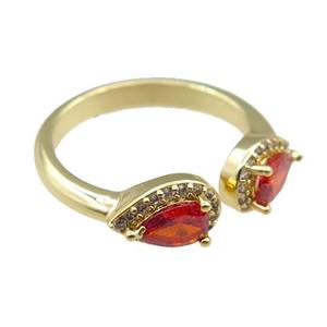 copper Rings pave red zircon, adjustable, gold plated, approx 6-9mm, 20mm dia