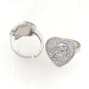 copper Rings pave zircon, heart, adjustable, platinum plated, approx 18mm, 20mm dia
