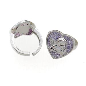 copper Rings pave purple zircon, heart, adjustable, platinum plated, approx 18mm, 20mm dia