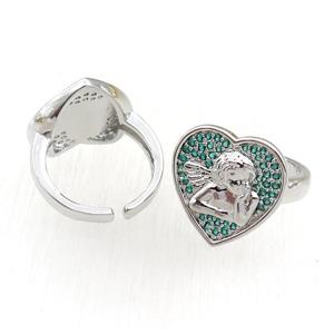 copper Rings pave green zircon, heart, adjustable, platinum plated, approx 18mm, 20mm dia