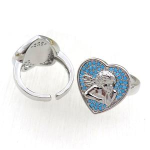 copper Rings pave blue zircon, heart, adjustable, platinum plated, approx 18mm, 20mm dia