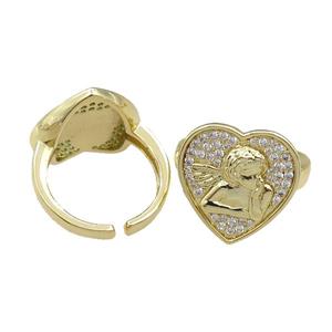 copper Rings pave zircon, heart, adjustable, gold plated, approx 18mm, 20mm dia
