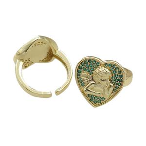 copper Rings pave green zircon, heart, adjustable, gold plated, approx 18mm, 20mm dia