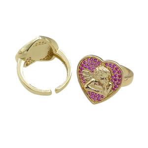copper Rings pave hotpink zircon, heart, adjustable, gold plated, approx 18mm, 20mm dia