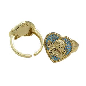 copper Rings pave blue zircon, heart, adjustable, gold plated, approx 18mm, 20mm dia