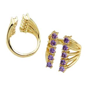 copper Rings pave purple zircon, adjustable, gold plated, approx 20mm, 20mm dia