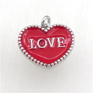 copper heart LOVE pendant with red enameling, platinum plated, approx 17-20mm