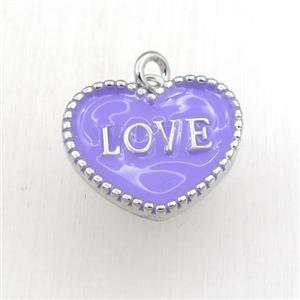 copper heart LOVE pendant with lavender enameling, platinum plated, approx 17-20mm