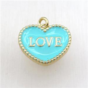 copper heart LOVE pendant with green enameling, gold plated, approx 17-20mm
