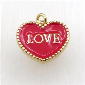 copper heart LOVE pendant with red enameling, gold plated, approx 17-20mm