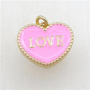 copper heart LOVE pendant with pink enameling, gold plated, approx 17-20mm