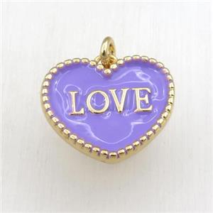 copper heart LOVE pendant with lavender enameling, gold plated, approx 17-20mm