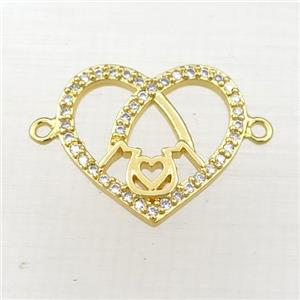 copper heart MOM connector paved zircon, gold plated, approx 16-18mm