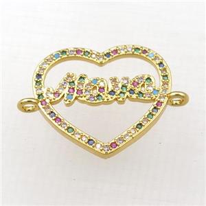 copper heart MAMA connector paved zircon, gold plated, approx 18-21mm