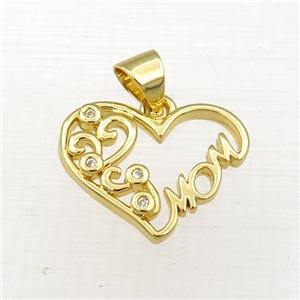 copper heart MOM pendant paved zircon, gold plated, approx 14-17mm