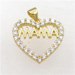 copper heart MAMA pendant paved zircon, gold plated, approx 19-21mm