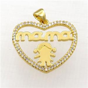 copper heart MAMA pendant paved zircon, gold plated, approx 21-24mm