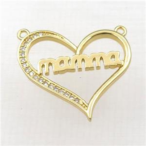 copper heart MAMA pendant paved zircon with 2loops, gold plated, approx 22-24mm