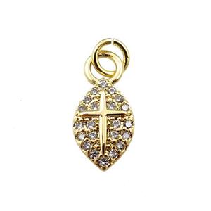 copper leaf pendant pave zircon with cross, gold plated, approx 7-11mm