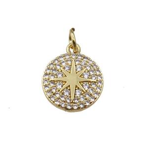 copper circle pendant pave zircon with northstar, gold plated, approx 11mm dia