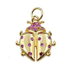 copper ladybug pendant pave zircon, gold plated, approx 14-16mm