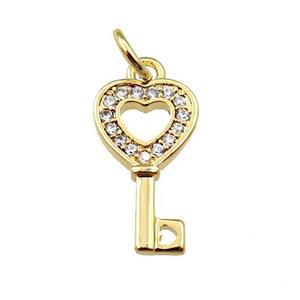 copper key charm pendant pave zircon, gold plated, approx 8-13.5mm