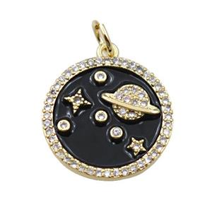 copper planet pendant pave zircon, circle, gold plated, approx 16mm dia