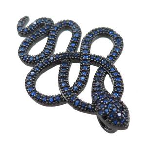 copper snake charm pendant pave blue zircon, black plated, approx 24-35mm