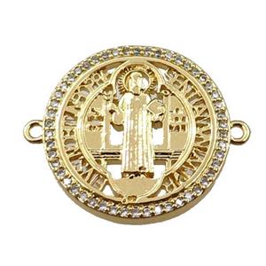 copper Saint Religious connector pave zircon, circle, gold plated, approx 21mm dia