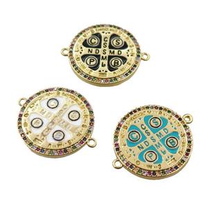 copper anglican cross connector pave zircon, circle, mixed, gold plated, approx 22mm dia