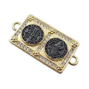 copper Saint Religious connector pave zircon, rectangle, gold plated, approx 16-26mm