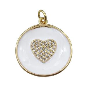 copper circle pendant pave zircon with white enameled, heart, gold plated, approx 20mm dia