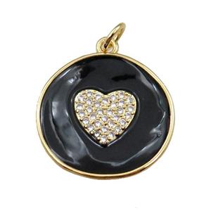copper circle pendant pave zircon with black enameled, heart, gold plated, approx 20mm dia