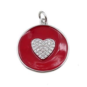 copper circle pendant pave zircon with red enameled, heart, platinum plated, approx 20mm dia