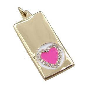 copper rectangle pendant pave zircon, heart, gold plated, approx 12.5-25mm