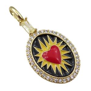 copper oval pendant pave zircon with red heart charm, gold plated, approx 15-25mm